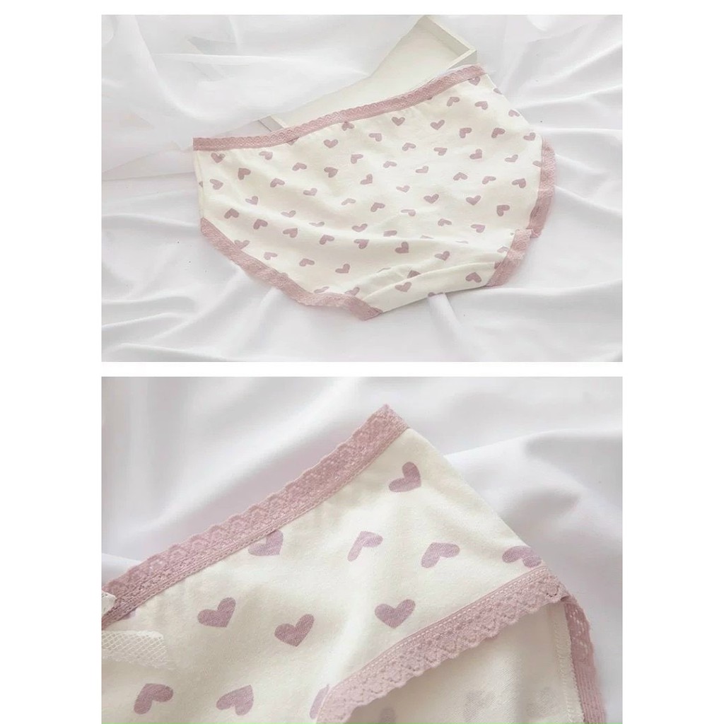 Quần Lót Nữ Cotton Viền Ren Cạp Thấp Tim Hồng Thấm Hút Mềm Mịn QC23