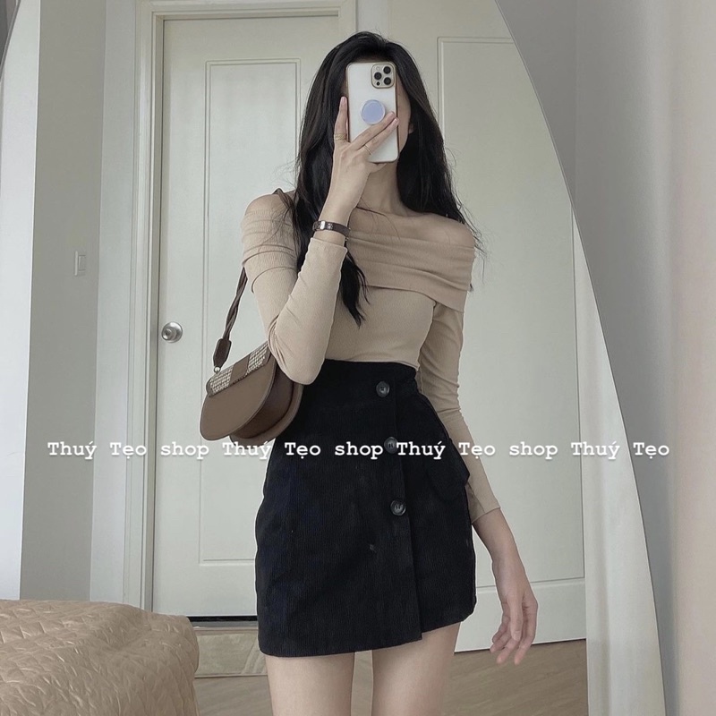 [Hàng sẵn] Set áo thun tăm dài tay TRỄ VAI phối chân váy nhung tăm cúc lệch phong cách thanh lịch
