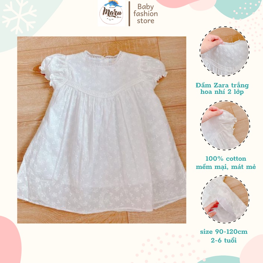 Váy trắng Cho Bé Zara Dư Xịn MARUHOUSE - Đầm Trắng Babydoll Hoa Nhí Đục Lỗ Cotton 2 Lớp Cho Bé Gái Xinh Xắn