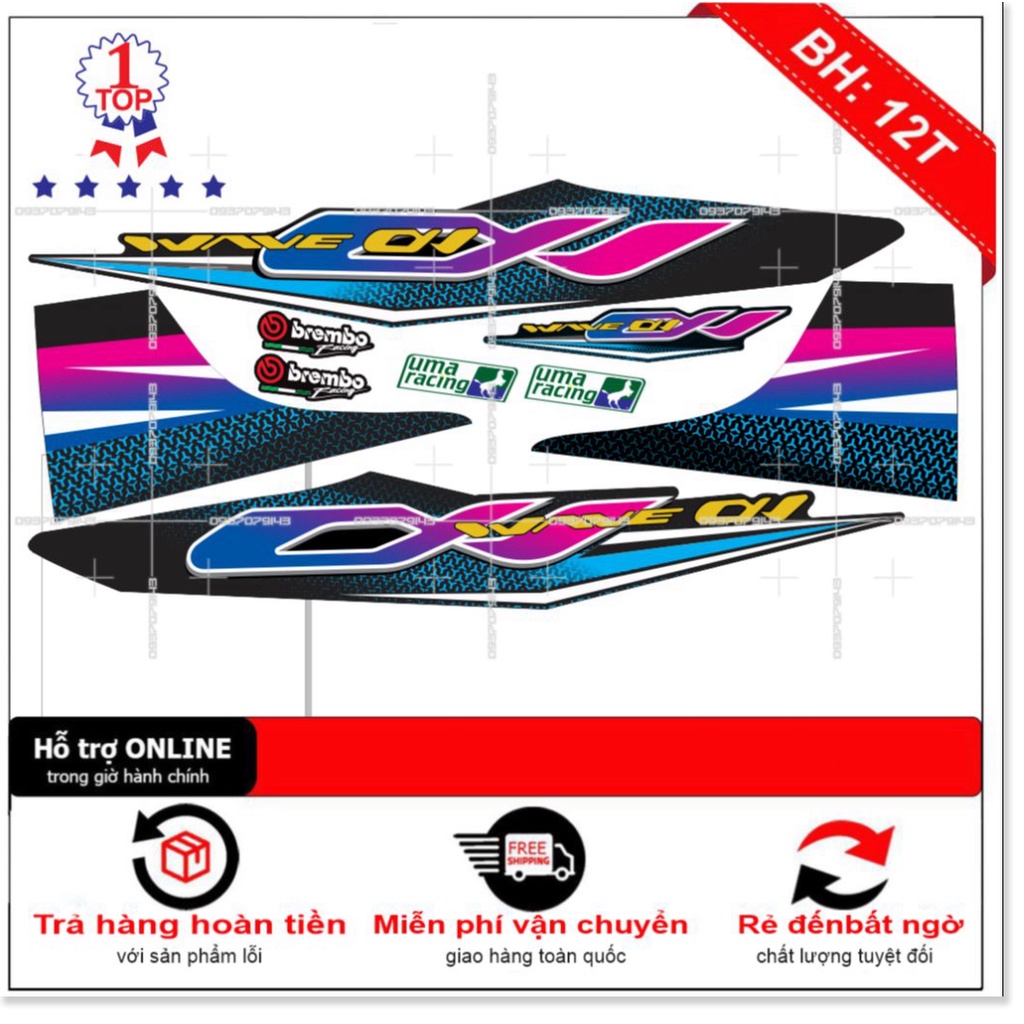 ( Quí khách vui lòng mang ra tiệm cho thợ dán ) Tem wave a 110 xanh hồng