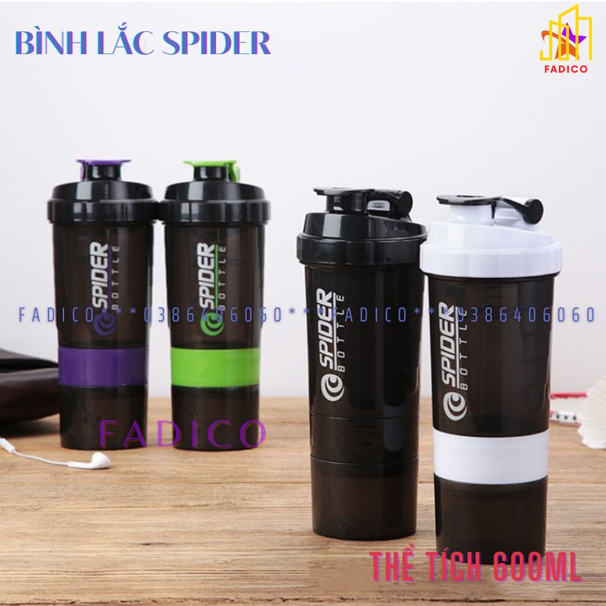 [HCM]Bình Nước Tập Gym | Bình Lắc thể thao Whey Spider 3 Ngăn Tiện Dụng 600 ML-fadico