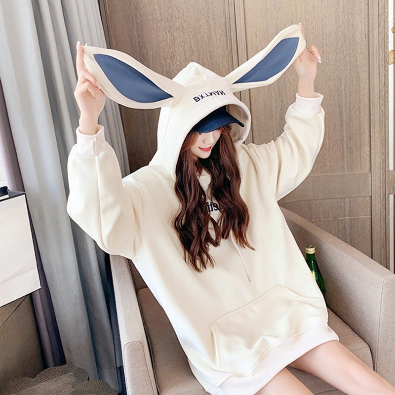 Mẫu Đẹp Giá Sỉ ❤ Áo Hoodie Tai Thỏ Sometime Trắng Unisex - Áo Nỉ Ngoại Mũ Tai Xám In Chữ Hot