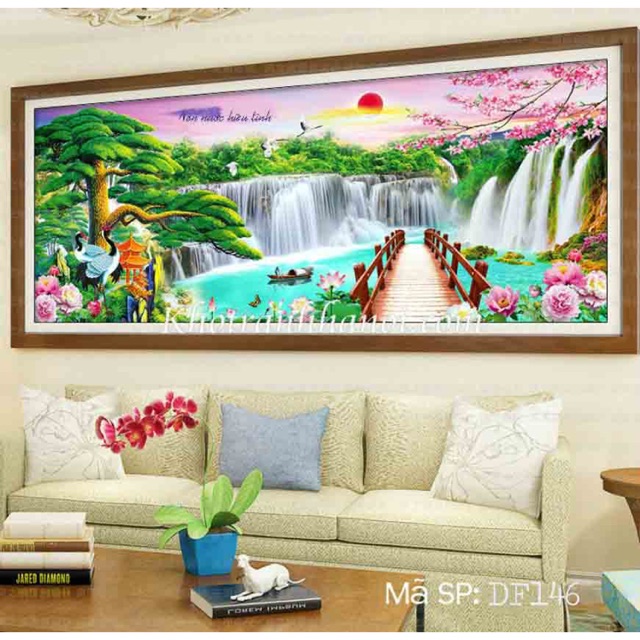 Tranh đính đá non nước hữu tình kt120 x55cm