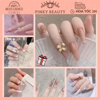 Móng Tay Giả Đính Đá Bộ 24 Móng Giả Pinky Beauty Họa Tiết Đa Dạng, Sang Trọng Phong Cách Dài, Ngắn Cho Nữ Kèm Keo