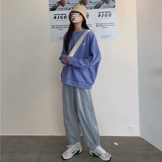 Set nỉ bông áo xanh tím cộng unisex - Bộ quần thun bo ống, áo tay phồng in kí hiệu ulzzang HOT