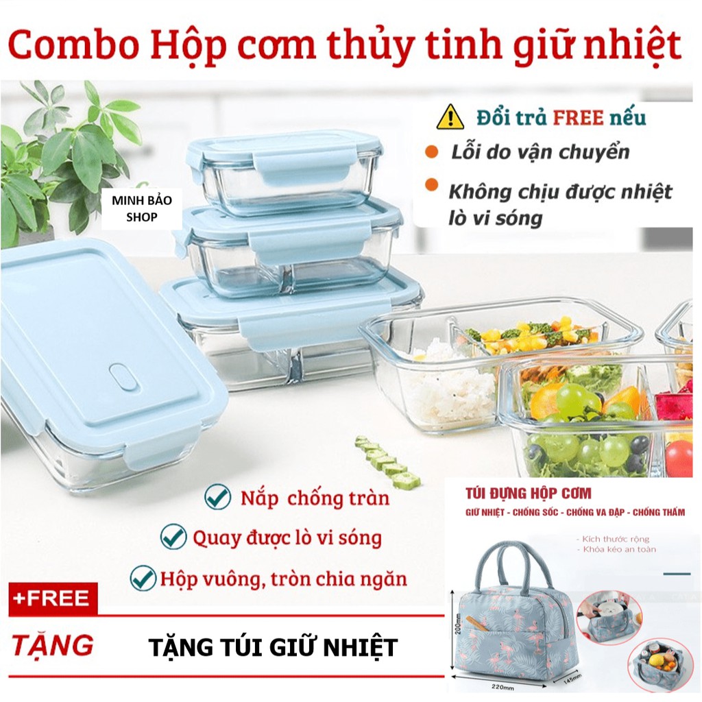 Bộ 2 Hộp Cơm Văn Phòng Thủy Tinh Chịu Nhiệt, Chia Ngăn Tiện Dụng Tặng kèm Túi giữ nhiệt