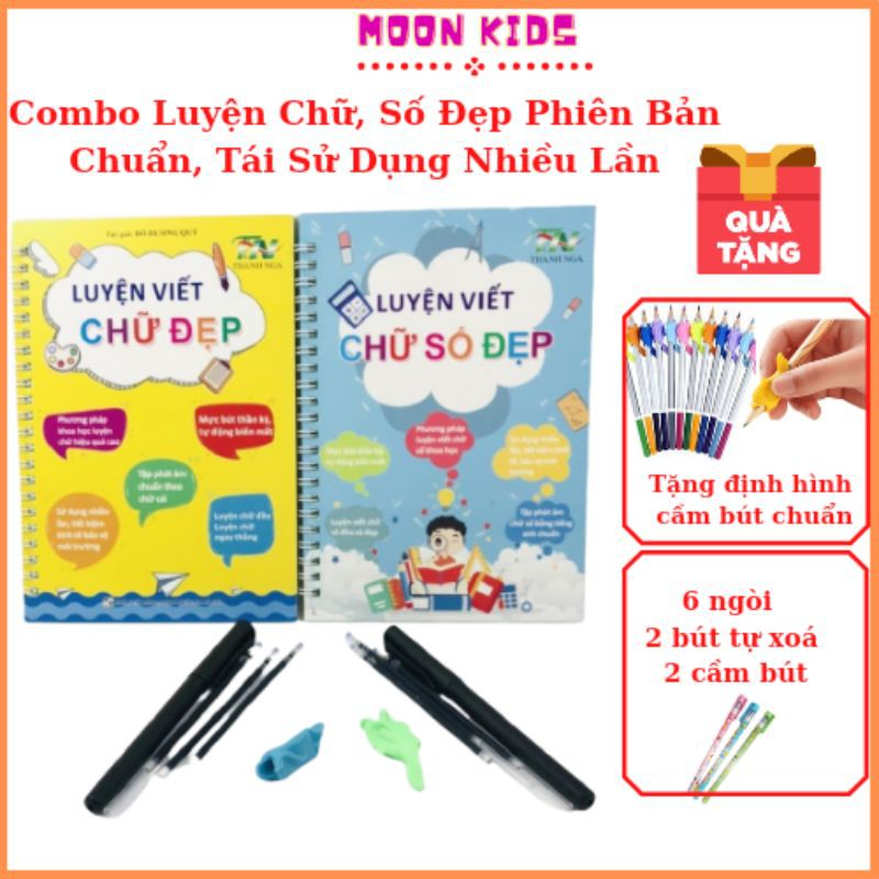 Combo 2 Quyển Luyện Viết Chữ Và Số Đẹp Chuẩn Tiếng Việt Cho Bé, Tặng Kèm Bộ Bút Thông Minh