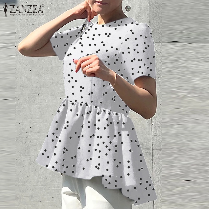 Zanzea Áo Nữ Tay Ngắn Cổ Tròn Họa Tiết Chấm Bi Phong Cách Châu Âu Thanh Lịch