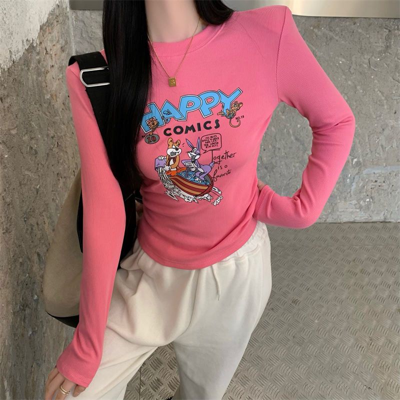 Jiashucheng Áo Thun Ngắn Mỏng Dáng Ôm In Họa Tiết Phong Cách Phương Tây Thời Trang Thu Đông Dễ Phối Đồ Dành Cho Bạn Nữ @ -