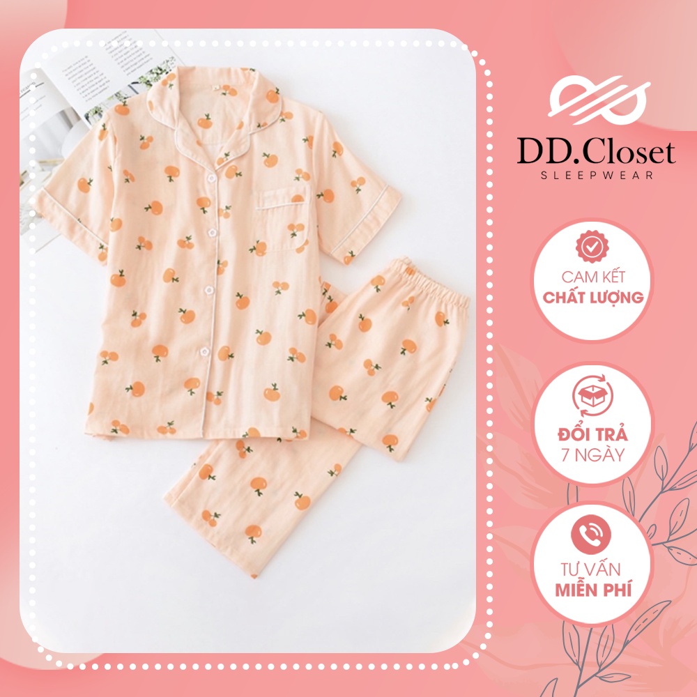 Bộ đồ ngủ pijama nữ cộc tay quần dài chất lụa Kate Thái mềm mịn màu cam nhạt họa tiết quả cam đơn giản - CD0062