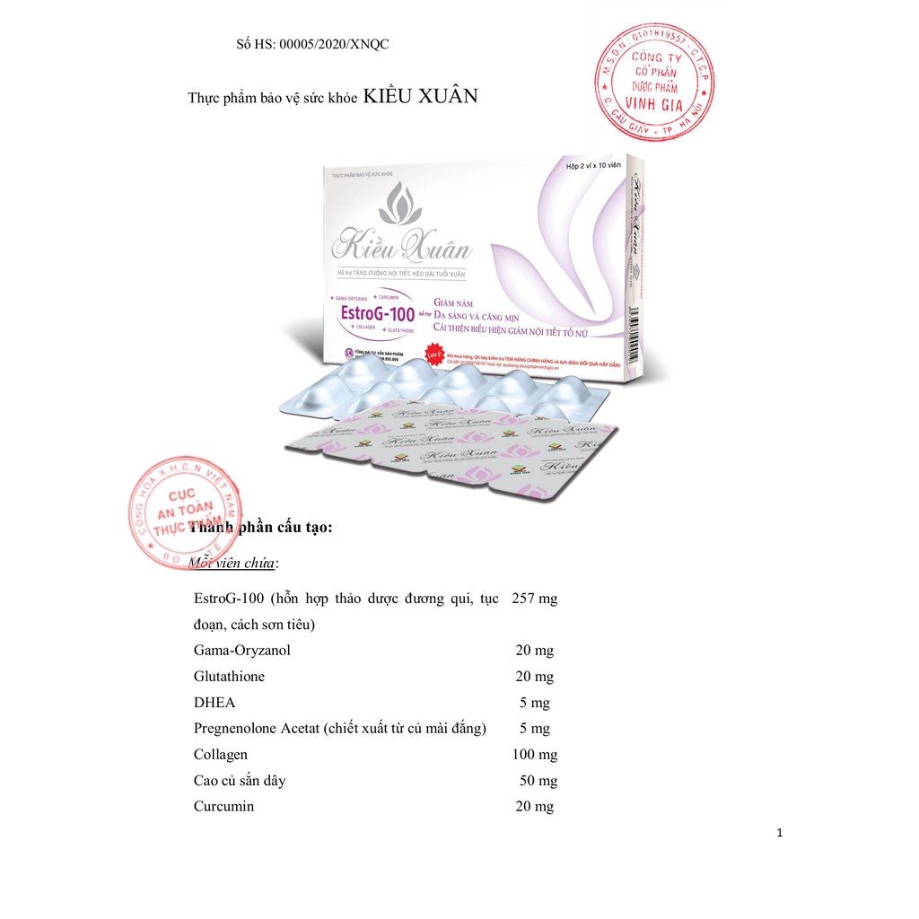 Viên uống Kiều Xuân – Hỗ trợ ngăn ngừa lão hóa, giữ mãi tuổi xuân (Hộp 20 viên)