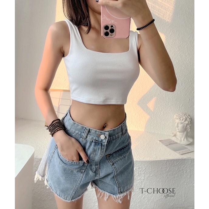 Áo croptop hai dây bản to cổ vuông, áo ba lỗ sát nách cổ vuông chất cotton bo zip co dãn Vati