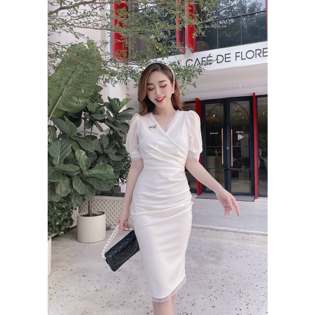 Đầm thiết kế body dáng ôm cổ chéo công sở cao cấp tôn lên vẻ đẹp quý phái giúp chị em tự tin hơn nơi đông người