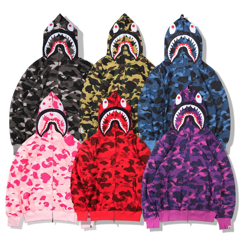 Áo khoác hoodie in hình đầu cá mập BAPE họa tiết rằn ri 3D phong cách Nhật Bản cho nam và nữ