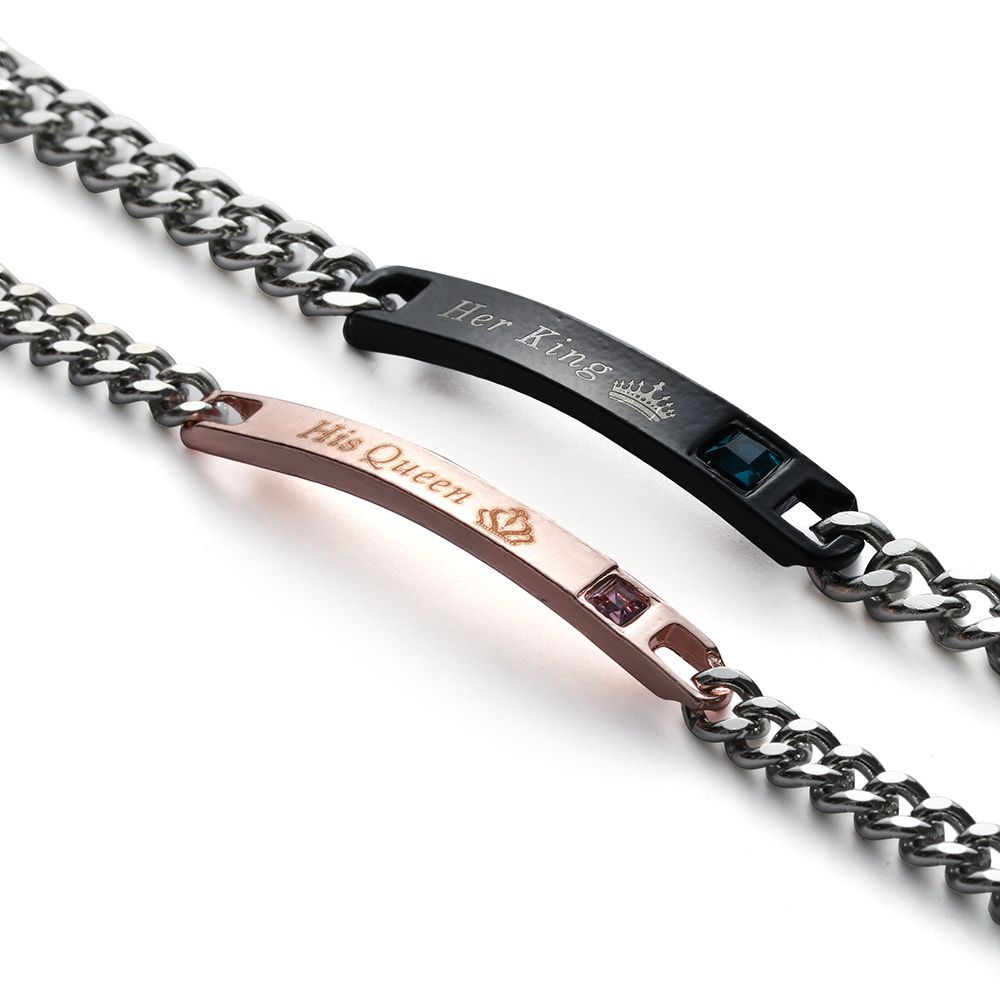 Vòng tay mặt khắc chữ his queen her king bằng thép không gỉ độc đáo thời trang cho cặp đôi