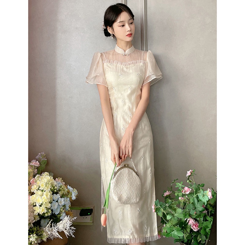 Đầm Sườn Xám Họa Tiết Thêu Phong Cách Retro Pháp Cho Nữ