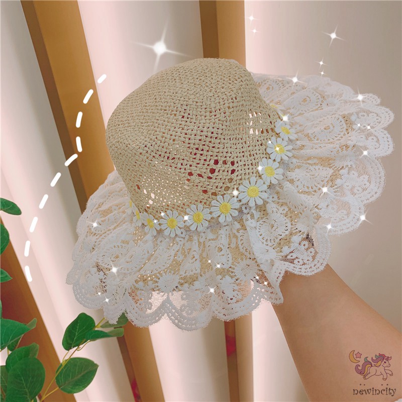Nón tai bèo bằng rơm họa tiết hoa cúc đi biển mùa hè cho bé