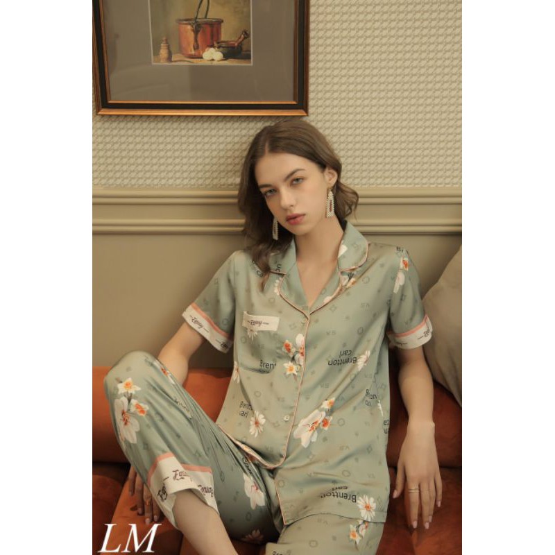 Pijama lụa nữ🎋FREESHIP🎋 Đồ mặc nhà lụa tay ngắn quần dài cao cấp họa tiết hoa văn phối bảng màu độc lạ tạo nên siêu phẩm