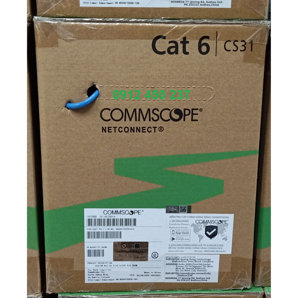 Cáp mạng Cat6 AMP (CommScope) UTP màu xanh 1427254-6 hoặc 1427071-6 có CO, CQ. Hàng chính hãng