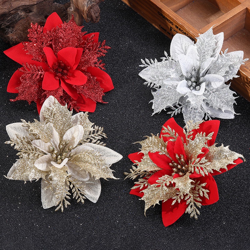 10pcs Hoa vải trạng nguyên to 14cm phủ nhũ, kim tuyến trang trí oản tài lộc, giáng sinh noel, vòng nguyệt quế