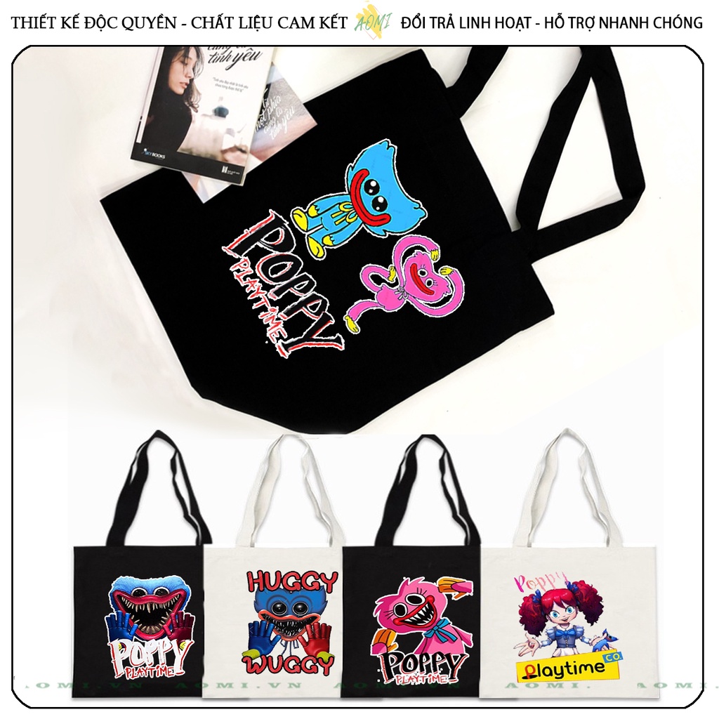 TOTE CANVAS Poppy Playtime Huggy Wuggy TÚI VẢI ĐEO VAI BAG CÓ KHÓA KÉO SIZE LỚN 33x38cm AOMIVN DU LỊCH DẠO PHỐ AOMI