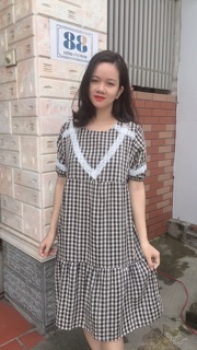 Váy bầu pha ren kẻ caro trẻ trung