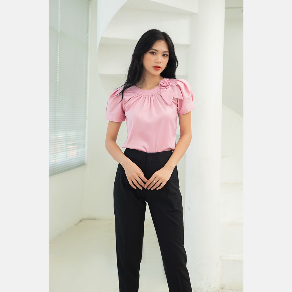 Áo kiểu nữ công sở suông cổ nhún phối hoa thời trang Eden tay ngắn chất liệu lụa mềm mát không nhăn - ASM168