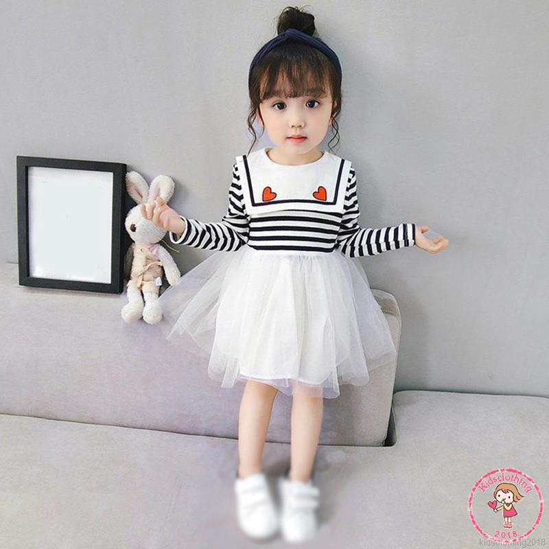 KIDS Đầm xòe tay dài kẻ sọc phối lưới đáng yêu cho bé gái