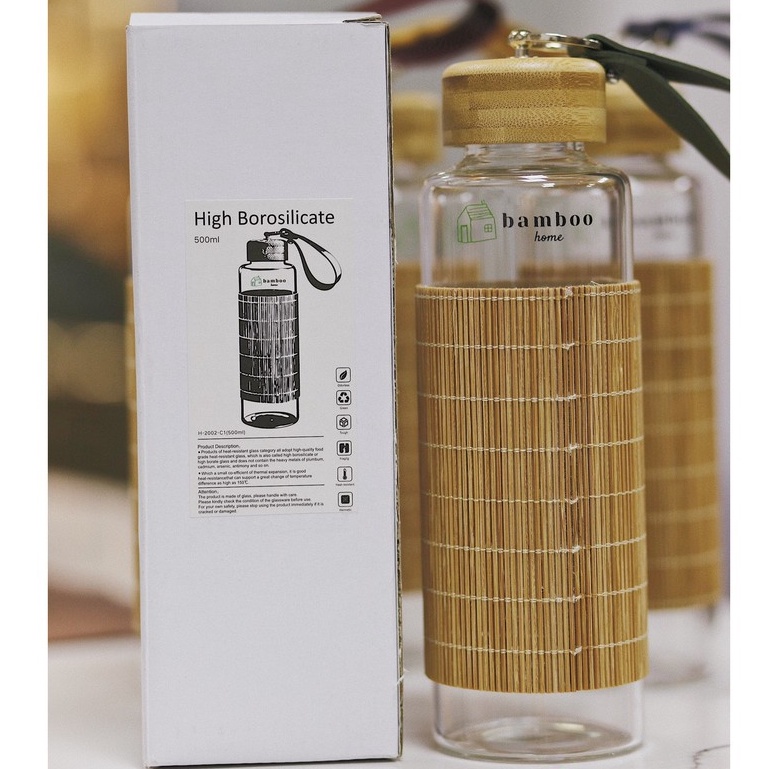 Bình nước thủy tinh vỏ tăm tre BAMBOOO ECO chịu nhiệt thời trang