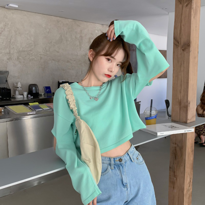 Áo Croptop Tay Dài Thiết Kế Rách Độc Đáo 050 # Có 5 Màu Lựa Chọn