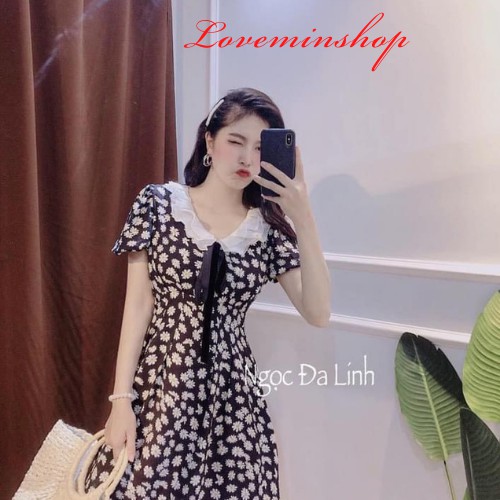 Váy đầm hoa cúc tiểu thư cổ ren tay ngắn dáng dài xòe,váy thiết kế Hotrend phong cách Hàn Quốc Freesize LOVEMIN-M18 | BigBuy360 - bigbuy360.vn