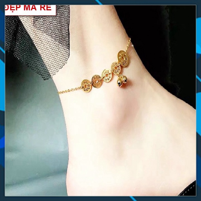 Lắc chân đồng tiền nữ titan phối đôi chuông cực xinh - Hàng chuẩn titan màu sắc bóng đẹp - Cam kết 1 đổi 1 nếu gỉ sét