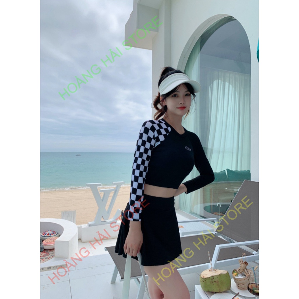 Bộ đồ bơi bikini kín đáo nữ hai mảnh đi tắm biển áo dài tay kèm váy - B34