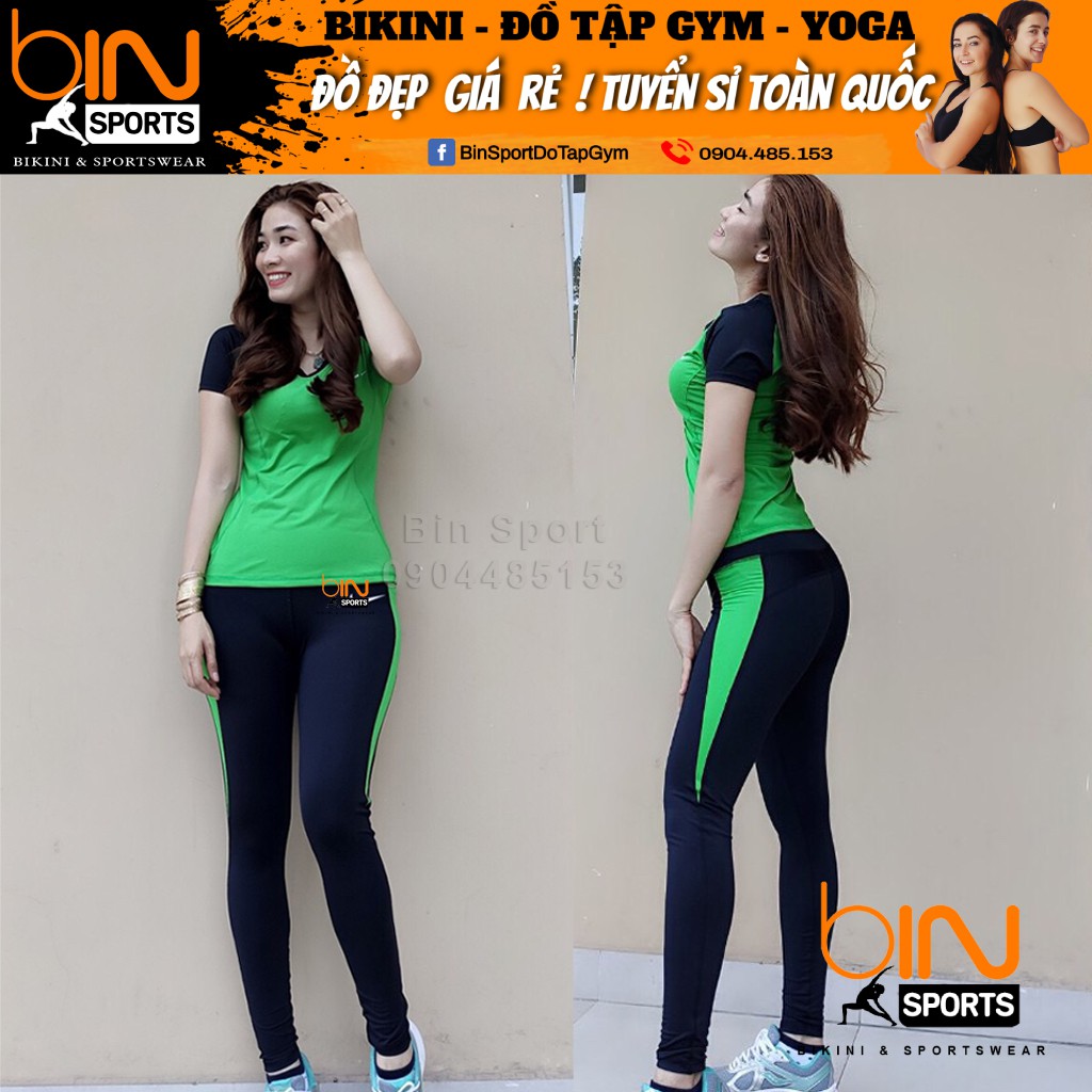 Đồ tập gym nữ , set bộ quần dài áo phủ bụng thể thao Bin Sports BD046