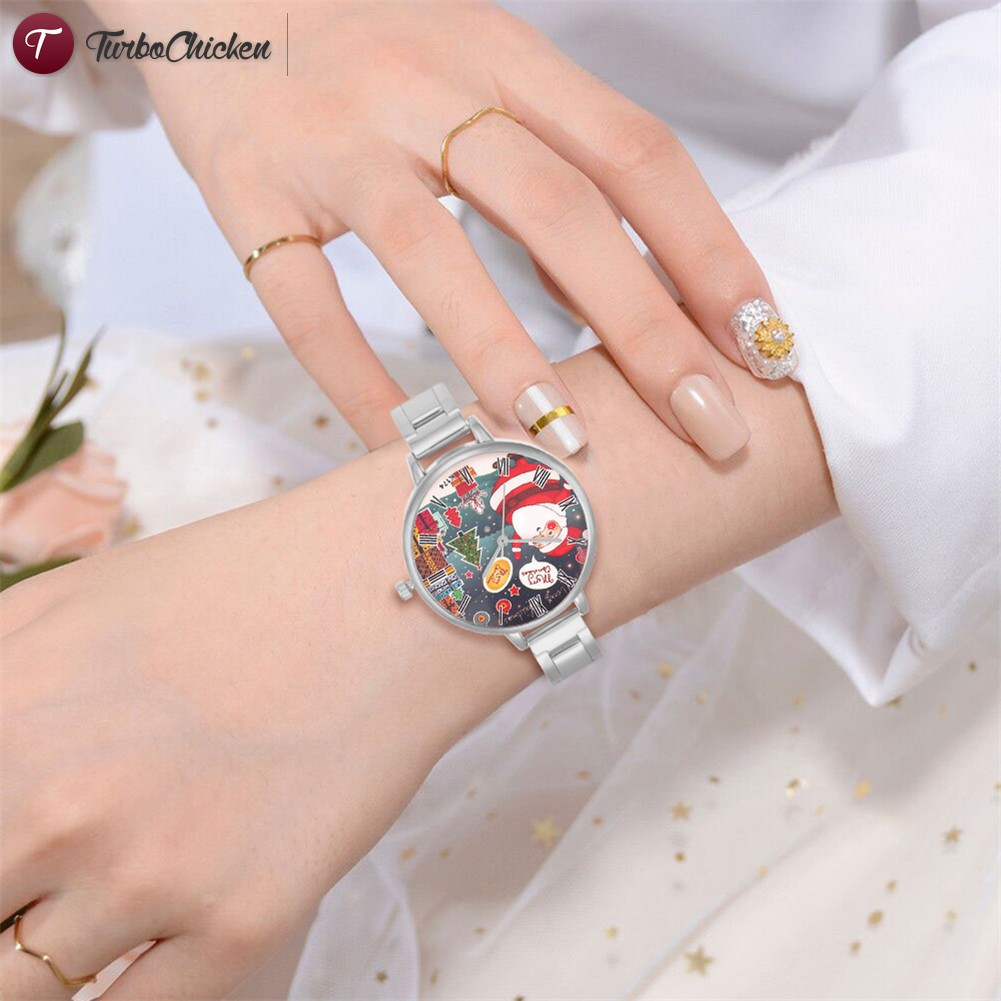 #Đồng hồ đeo tay# Cute Quartz Watch Alloy Mesh Strap Round Dial Casual Watches Christmas Cartoon Printed for Men Women