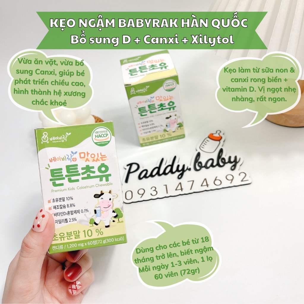 Kẹo sữa non Babyrak - Hàn Quốc bổ sung Vitamin D + Canxi + Xilitol cho bé từ 18 tháng trở lên biết ngậm