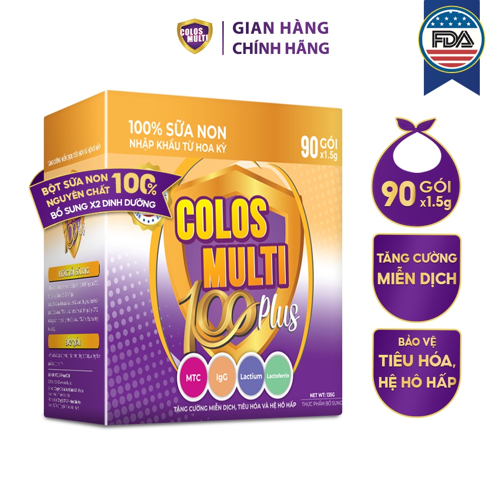 Sữa non Colosmulti 100 Plus hộp 90 gói x 1,5g tăng cường sức đề kháng, phát triển thể chất cho trẻ