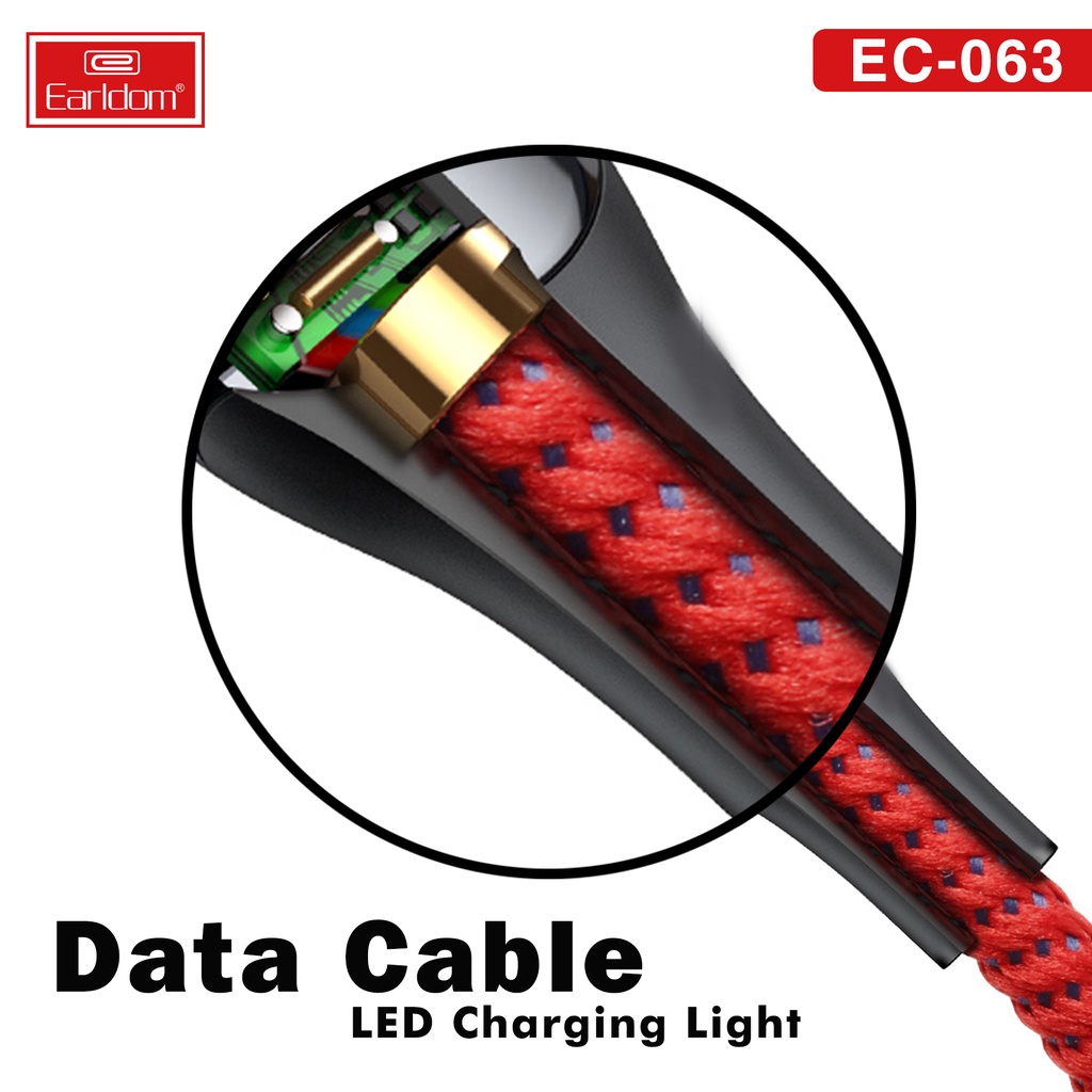 Cáp sạc bọc dù tự ngắt Earldom EC-063 1m chân lightning, TypeC, Micro hỗ trợ sạc nhanh 2.4A