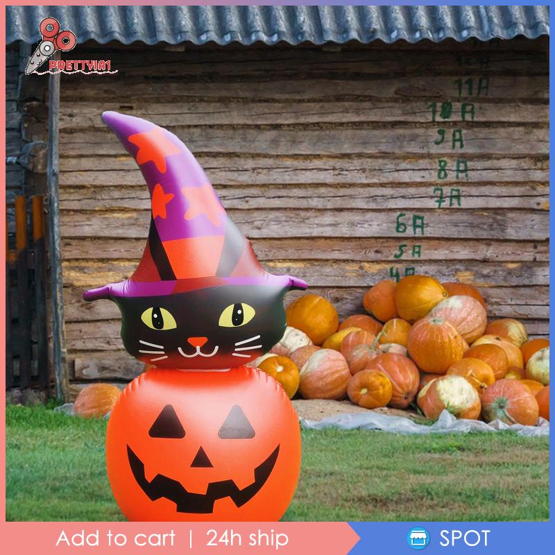 [Prettyia1] Bong Bóng Bơm Hơi Có Đèn Nhấp Nháy Hình Bí Ngô Mèo Trang Trí Halloween Cho Cỏ