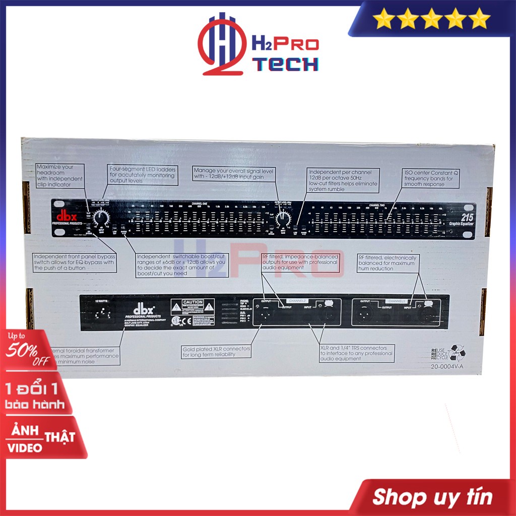 Lọc xì equalizer, lọc xì âm thanh DBX 215 cao cấp-2 kênh-30 cần chỉnh sắc nét từng âm thanh(tặng 4 khẩu 6 ly)-Shop H2pro