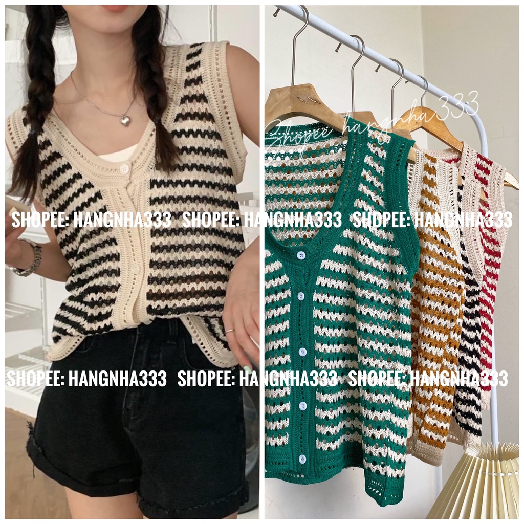 Áo len gile tanktop sát nách dáng rộng cài khuy hoạ tiết sọc ngang nhiều màu vintage