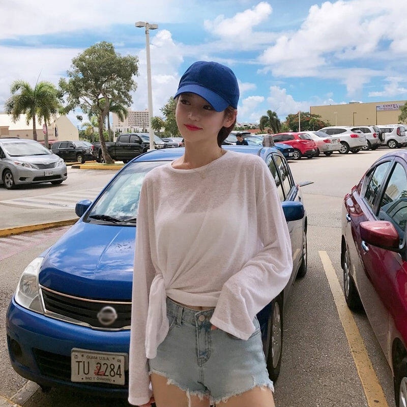 Áo thun IELGY tay dài dáng rộng xẻ tà thời trang mùa hè cho nữ