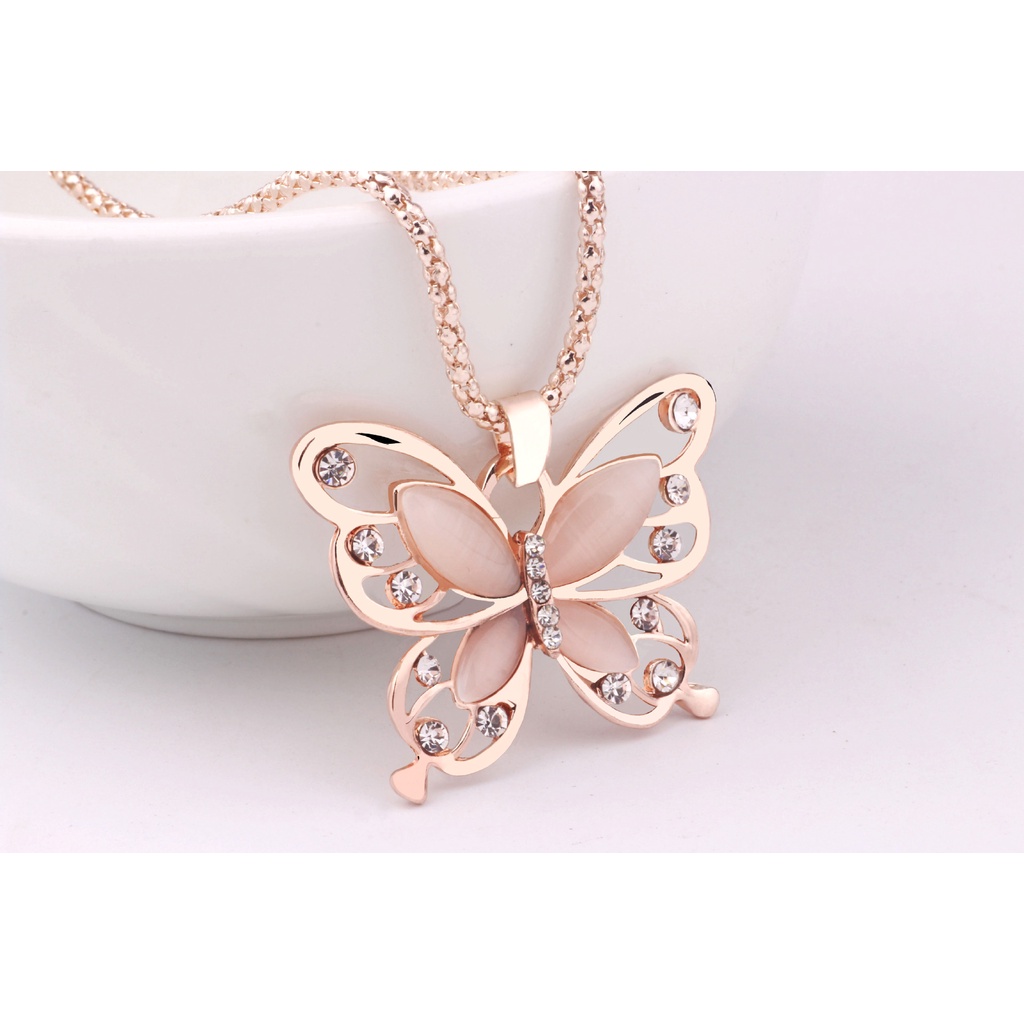 Fashion Women's Lady Pendant Necklace Women's Rose Gold Opal Butterfly Pendant Necklace Sweater Chain Jewellery Gift HBAR