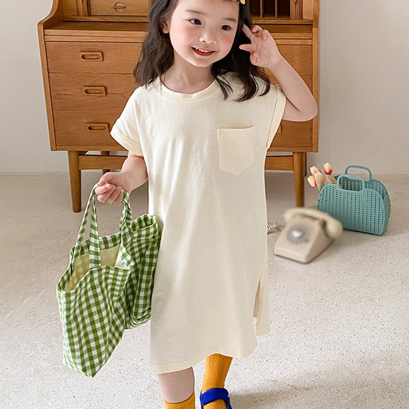 Đầm thun tay ngắn bằng cotton phong cách Nhật Bản đơn giản dành cho bé gái