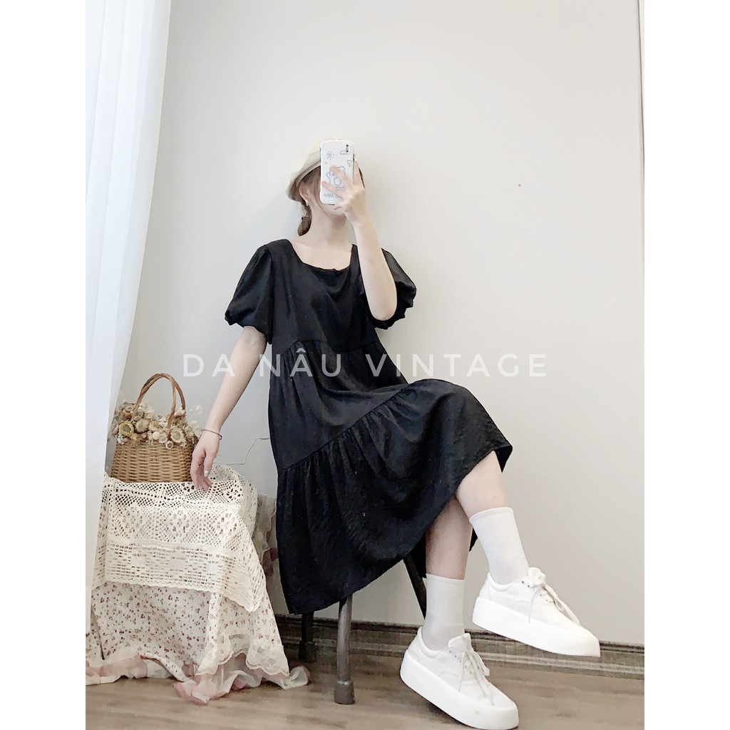 váy, đầm babydoll tay bồng freesize 3 màu trắng, be, đen (cam kết ảnh shop chụp thật 100%)