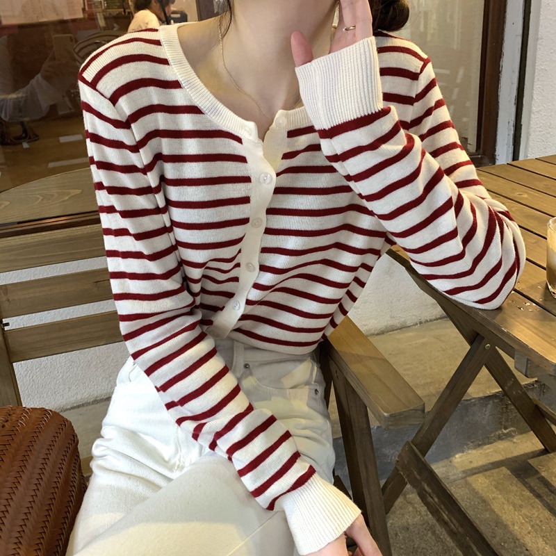 Áo khoác cardigan SUXI dệt kim tay dài dáng rộng họa tiết kẻ sọc thời trang mùa thu phong cách Hàn Quốc mới cho nữ