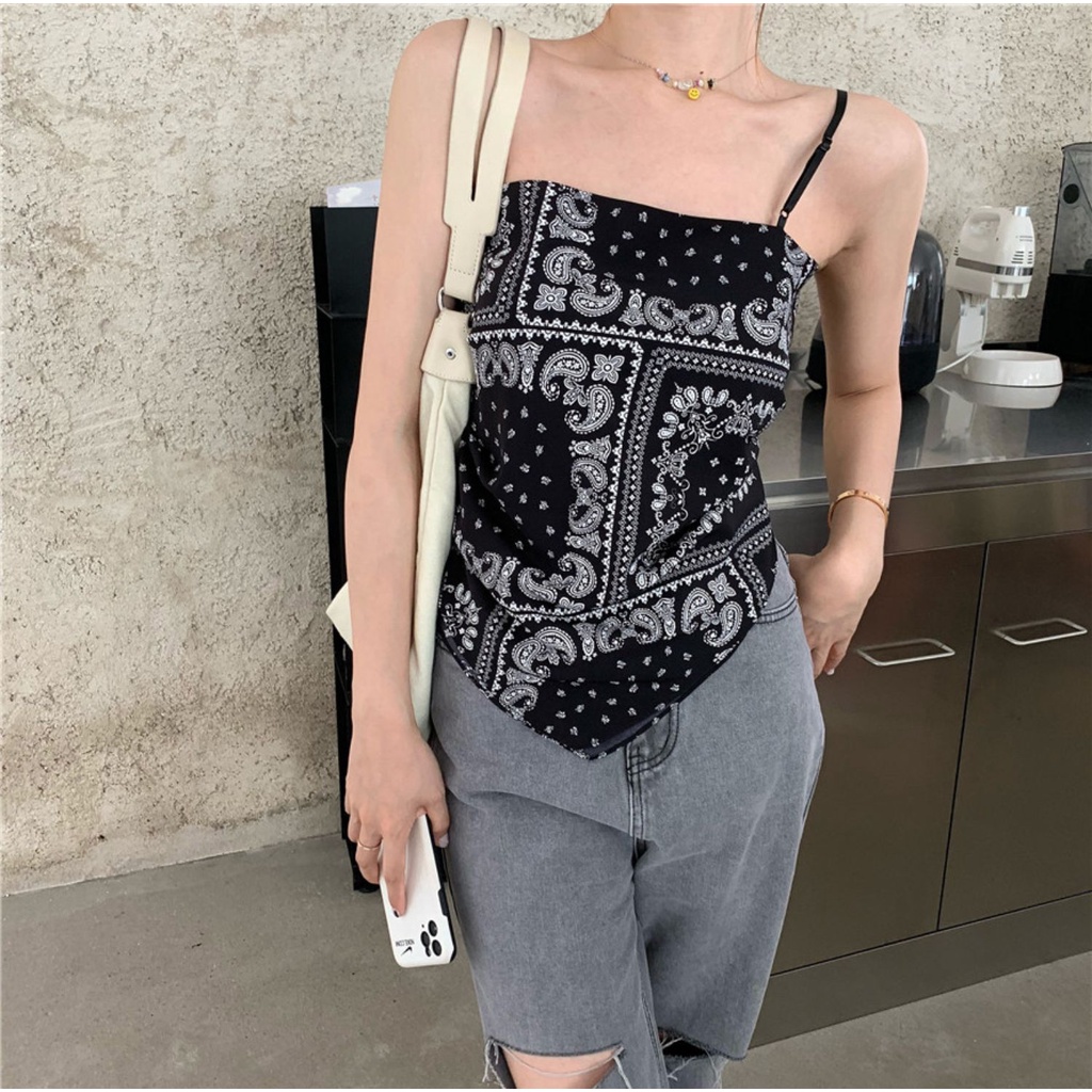 Áo hai dây in họa tiết dáng rộng/áo thun tay ngắn thời trang cho nữ