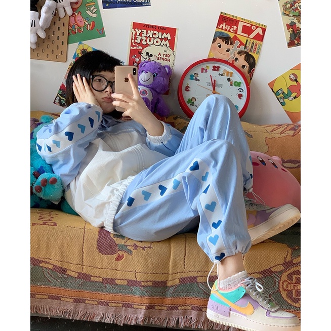 Oldpumpkin Tình yêu gốc khâu màu xanh vẽ dây Giải trí Sinh viên Nhật Bản Loose JK Nữ Mùa hè Quần thẳng | BigBuy360 - bigbuy360.vn