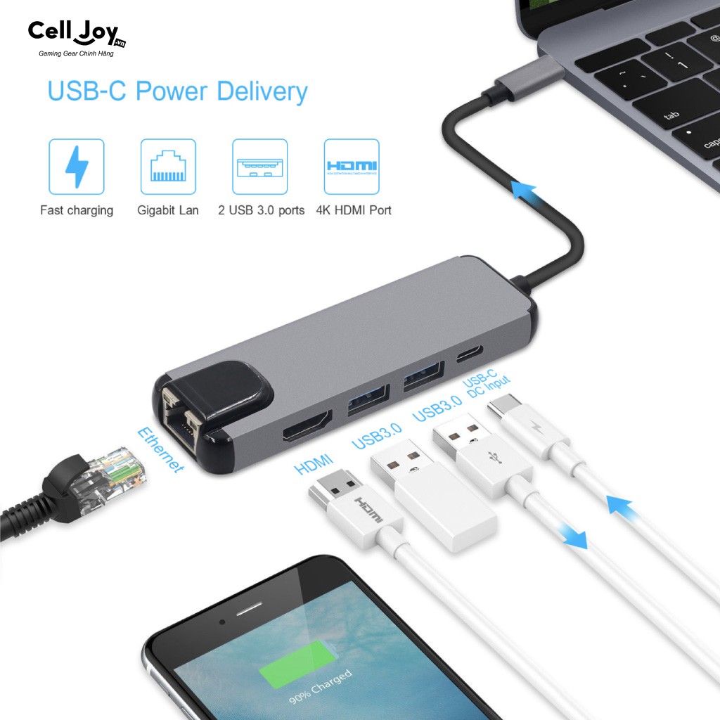 Hub chuyển đổi Type-C cho Macbook Air/ Pro/ iPad/ Surface, điện thoại 5in1 adapter to HDMI/ USB 3.0/ Ethernet LAN/ USB-C