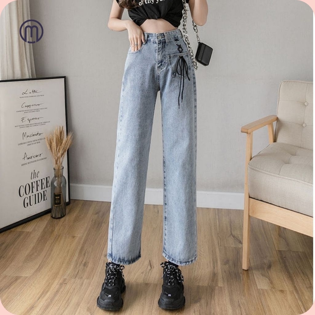Quần jean baggy nữ lưng cao ống rộng đứng chất liệu jean cotton